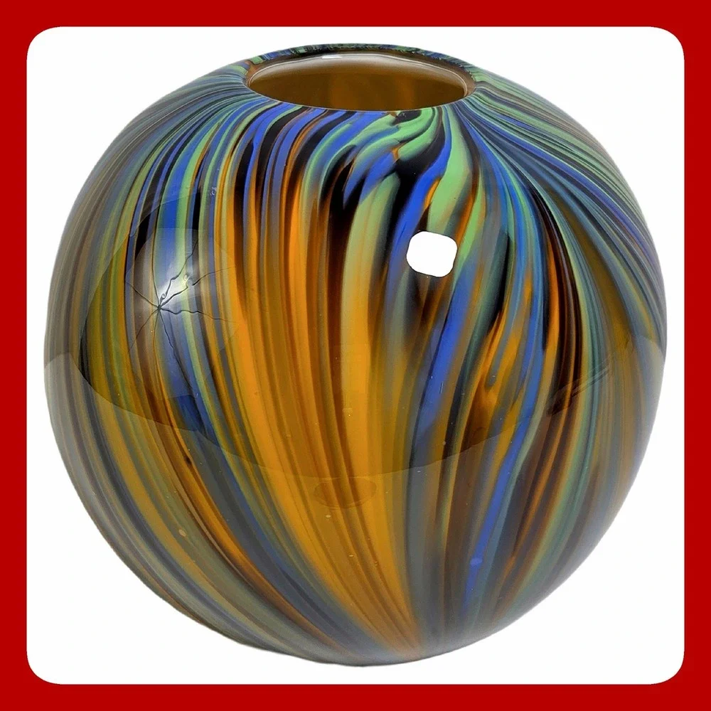 Vintage Hand Blown Art Glass Swirl Sphere Vase Blue Green Amber Feather Orb VTG